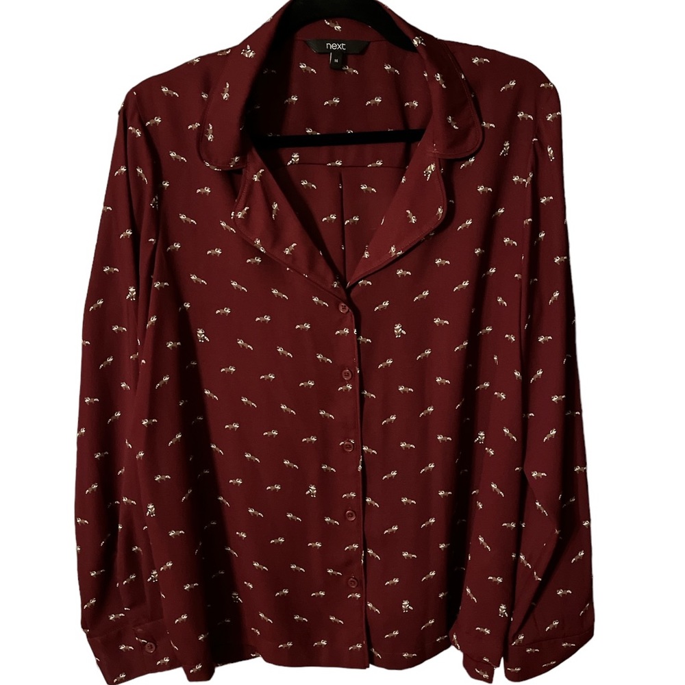Raccoon Print Maroon Button Down Blouse